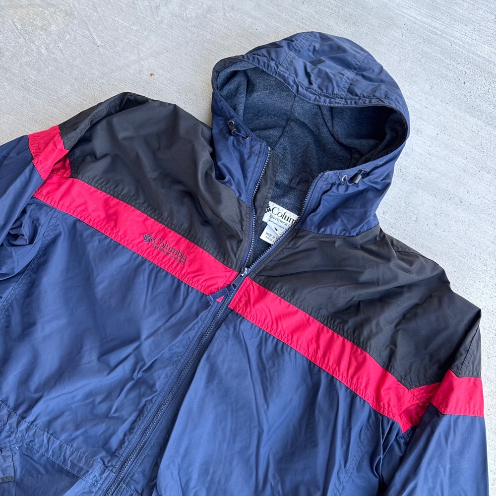 Columbia Windbreaker Jacket Mens Large Blue Colorblock Fleece Hooded Vintage